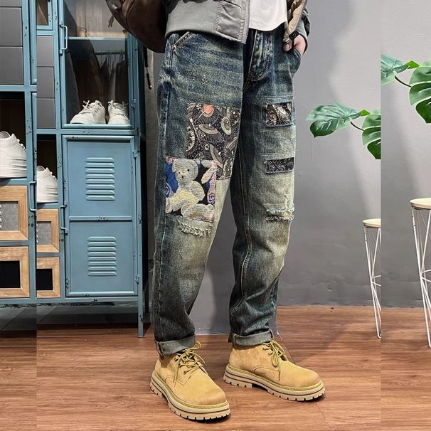 Men's High-End Trendy Distressed Patch Harem Pants Loose Straight Leg Jeans Cool Stylish Tapered Dad Pants_mkmklike.com