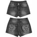 Women's Cross Wings Embroidery Denim Shorts with Rhinestones Black And Gray Washed Jeans Factory Direct Wholesale Bottoms_mkmklike.com