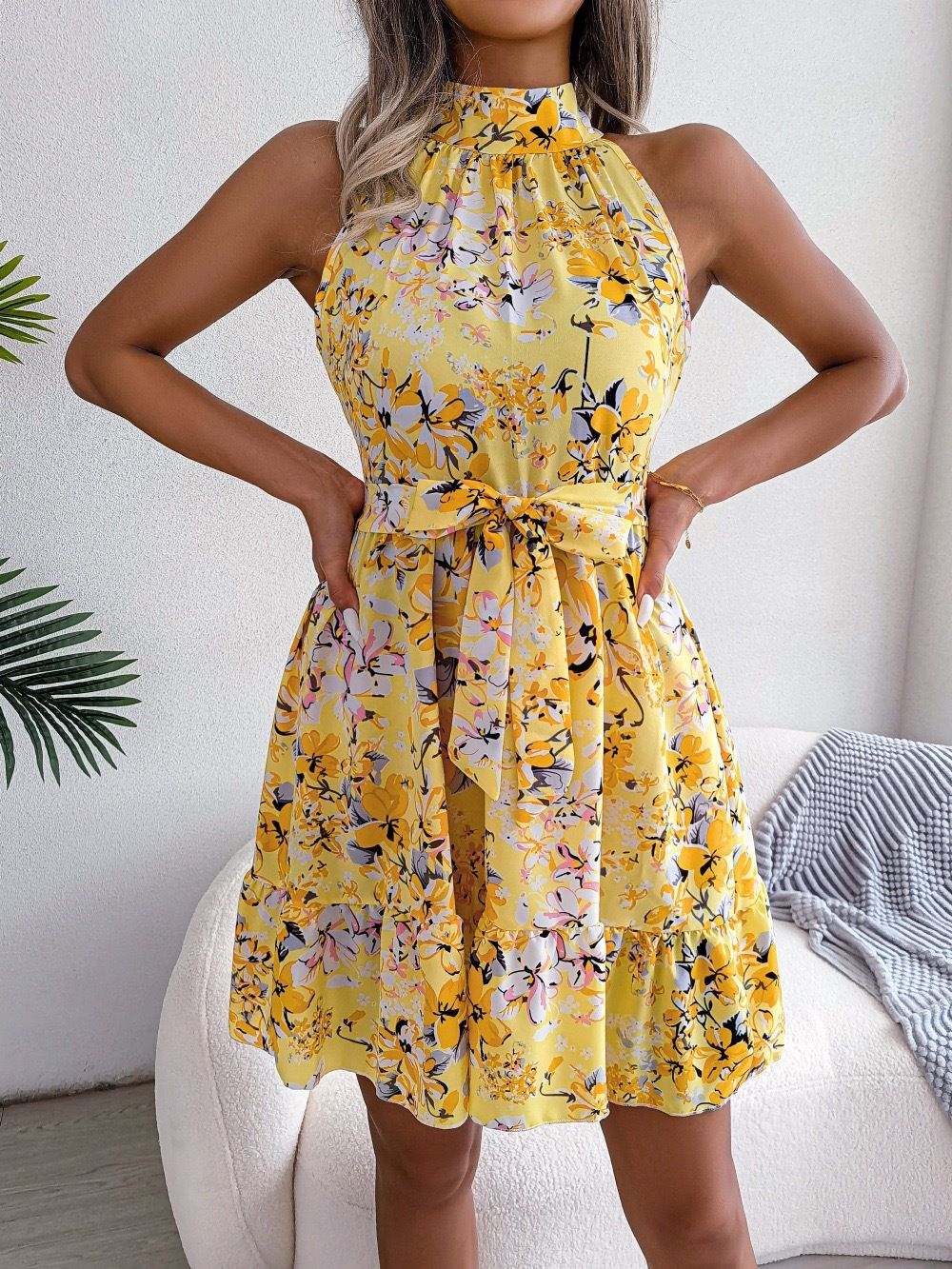 Women's temperament lace-up ruffled large swing floral dress clothing_mkmklike.com