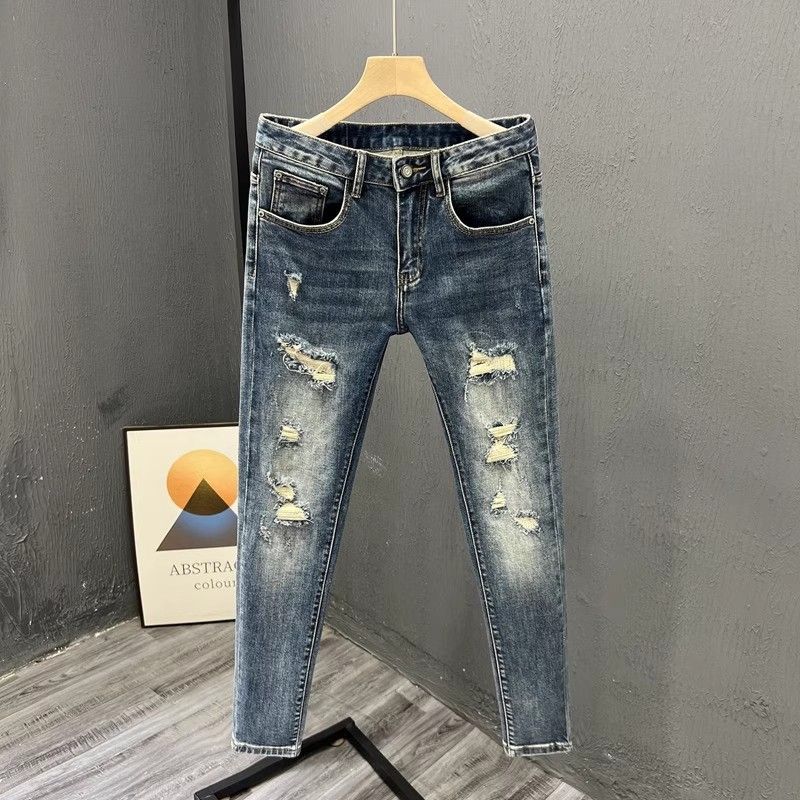 Men's Clothing Men's Trendy Ripped Cropped Jeans Lightweight Stretchy Slim Fit Versatile Spring Style Denim For Formal & Casual_mkmklike.com