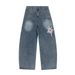 Star Patch Pendant Decorative Scimitar Jeans Men's American High Street Washed White Loose Wide Leg Long Pants_mkmklike.com