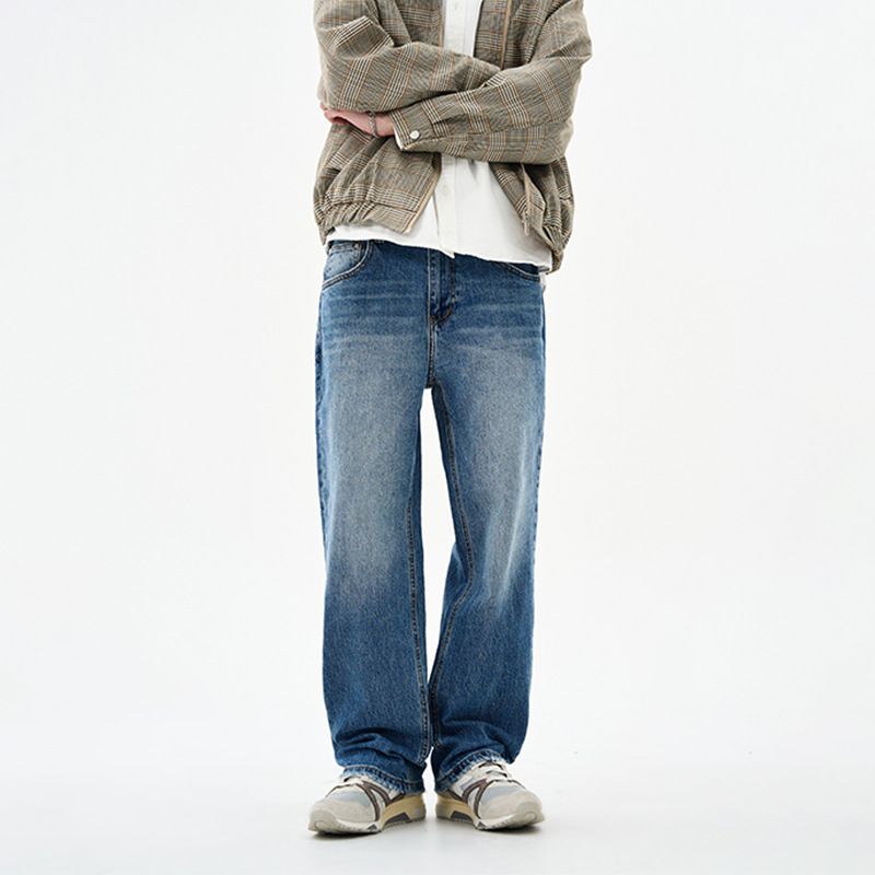 Men's Autumn/Winter Elastic Jeans 441g Straight Leg Loose Fit Imperial Blue Long Pants Versatile Mid Waist Slight Stretch_mkmklike.com