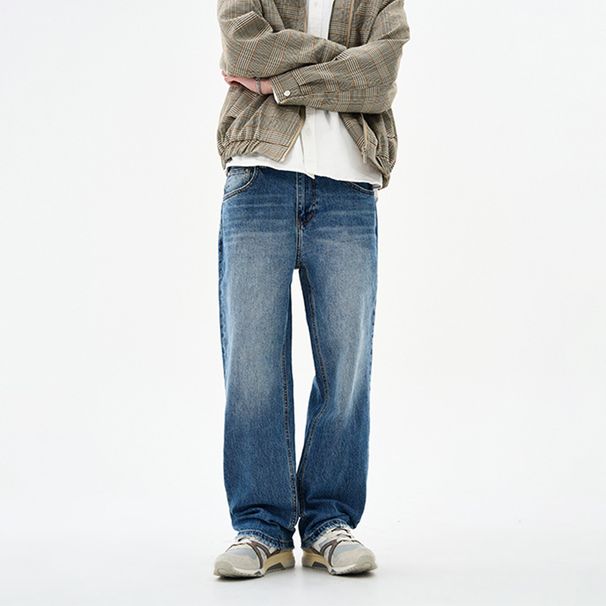 Men's Autumn/Winter Elastic Jeans 441g Straight Leg Loose Fit Imperial Blue Long Pants Versatile Mid Waist Slight Stretch_mkmklike.com