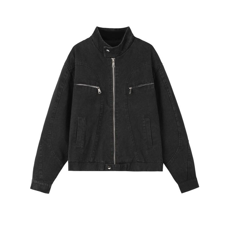 Vintage American-Style Zip-Up Denim Jacket – Unisex Retro Pilot Bomber Coat With Distressed Finish_mkmklike.com