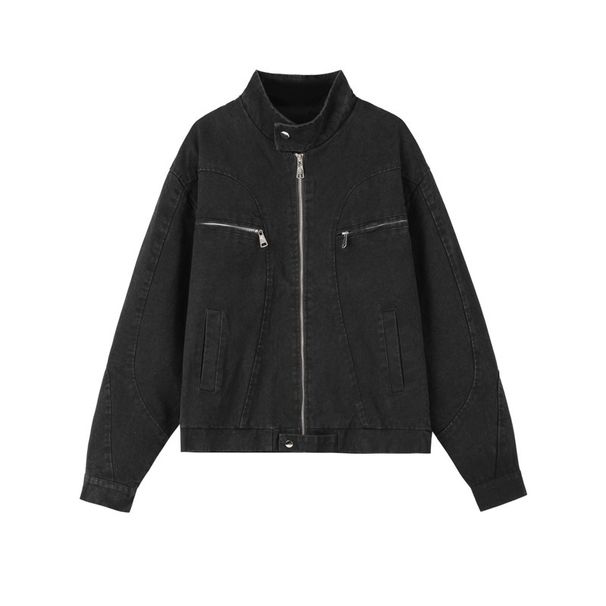 Vintage American-Style Zip-Up Denim Jacket – Unisex Retro Pilot Bomber Coat With Distressed Finish_mkmklike.com