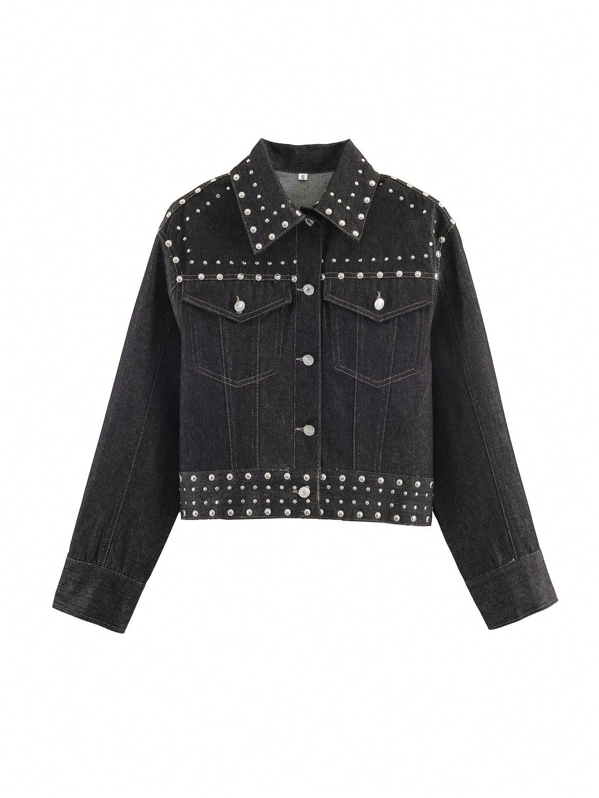 Women's Clothing Black Studded Short Denim Jacket Slim Fit Spring Fashion Versatile Workwear Streetwear_mkmklike.com