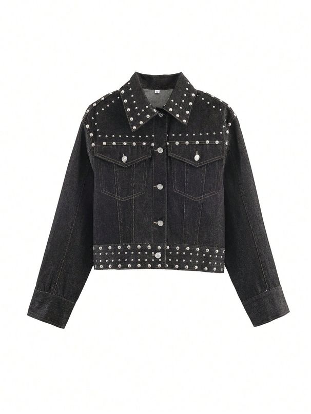 Women's Clothing Black Studded Short Denim Jacket Slim Fit Spring Fashion Versatile Workwear Streetwear_mkmklike.com