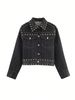 Women's Clothing Black Studded Short Denim Jacket Slim Fit Spring Fashion Versatile Workwear Streetwear_mkmklike.com