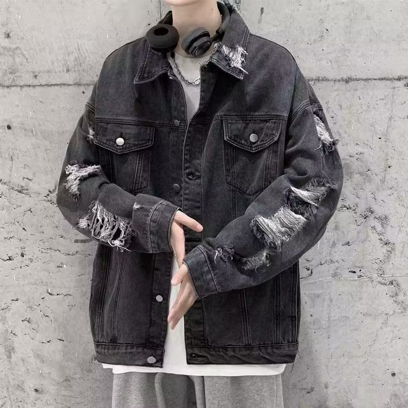 Men's Clothing Denim Jacket Autumn And Winter Loose High End Cool Hiphop High Street Ripped Jacket_mkmklike.com