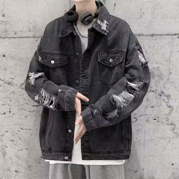 Men's Clothing Denim Jacket Autumn And Winter Loose High End Cool Hiphop High Street Ripped Jacket_mkmklike.com