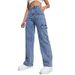 Women's Cargo Pants Stylish Loose Fit Work Pants With Multiple Pockets, Stretch Denim, High Waist, Streetwear Fashion (S-3XL, Blue)_mkmklike.com