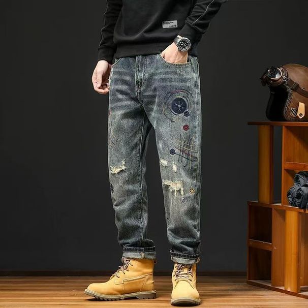 Men's Clothing Street Fashion Brand Loose Ripped Patch Jeans Men's Spring And Autumn New Retro Distressed Harem Tapered Trousers_mkmklike.com