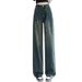 Women's Slim Straight Leg Jeans - High Waist Relaxed Fit Vintage Denim Pants For Autumn, Comfortable & Flowy Wide Leg Trousers In Cement Gray_mkmklike.com