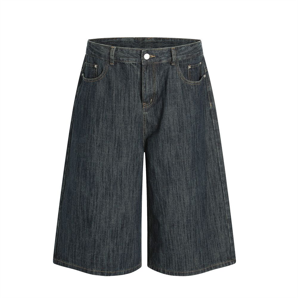 Men's Clothing American Simple Washed Denim Shorts For Men, Versatile Street Style, Wide Leg Mid Length Pants, Loose Straight Shorts_mkmklike.com