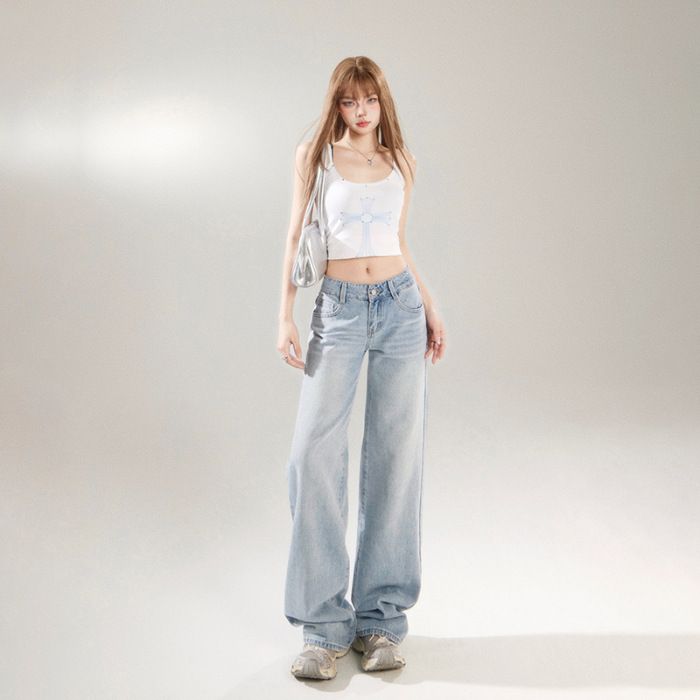 Women's Clothing Retro Low Waist Hot Girl Loose Wide Leg Pants All Match Spring And Summer Straight Jeans_mkmklike.com