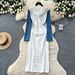 Vintage Denim Patchwork Hooded Dress - Casual Elegant Midi Dress For Women, Slim Fit High Waist, Long Sleeve, Pullover Style_mkmklike.com