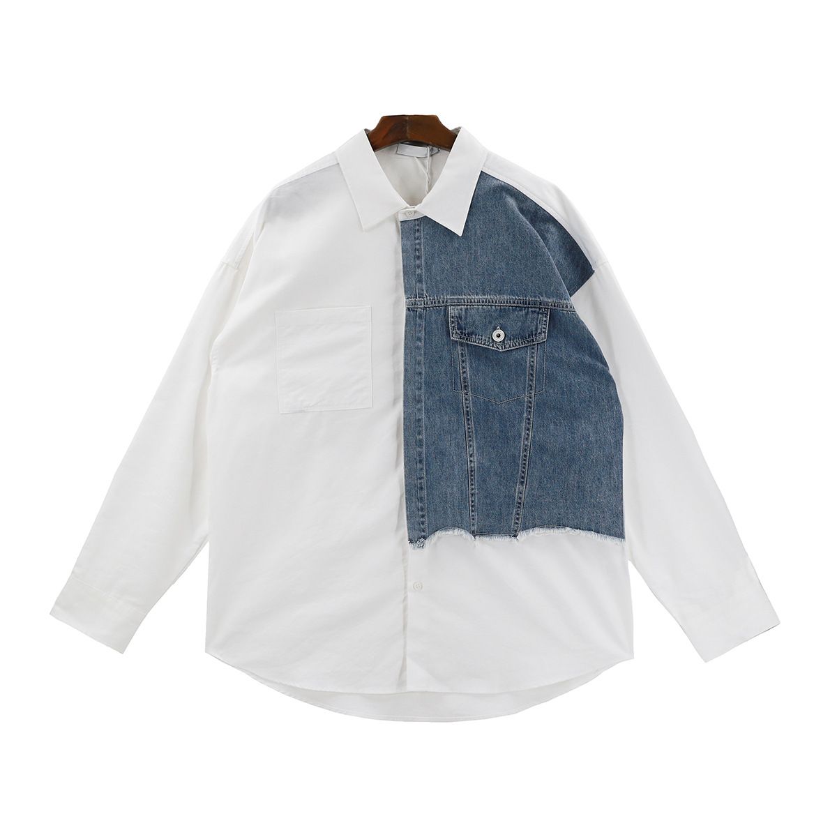 New denim patchwork long sleeved shirt for men in spring and autumn, with a niche design and contrasting color shirt jacket_mkmklike.com