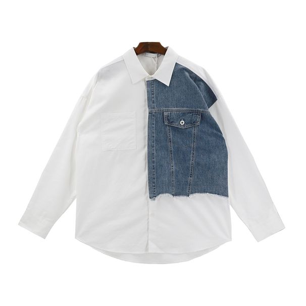 New denim patchwork long sleeved shirt for men in spring and autumn, with a niche design and contrasting color shirt jacket_mkmklike.com
