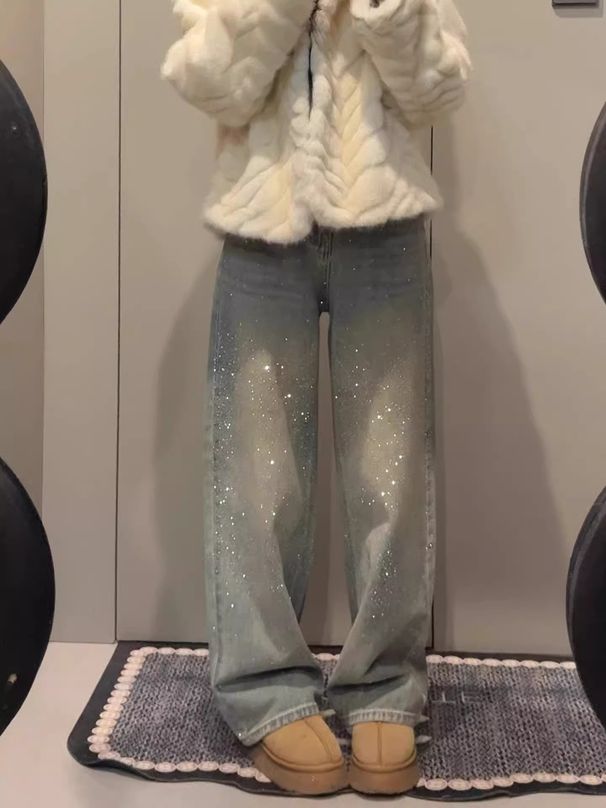 Plus Size Rhinestone Wide-Leg Jeans For Women – High Waist Stretch-Free Denim Pants With Glitter Details, Winter Fleece-Lined & Regular (S-2xl)_mkmklike.com