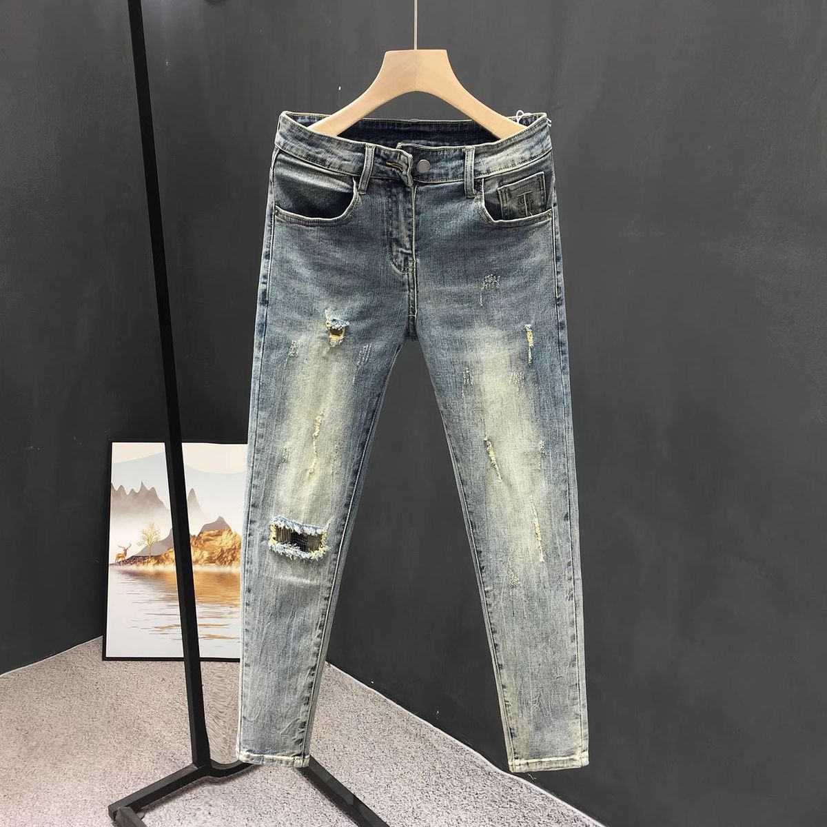 Men's Distressed Slim-Fit Jeans – Stretch Denim Cropped Pants With Ripped Details For Casual & Streetwear (Blue, Sizes 28-36)_mkmklike.com