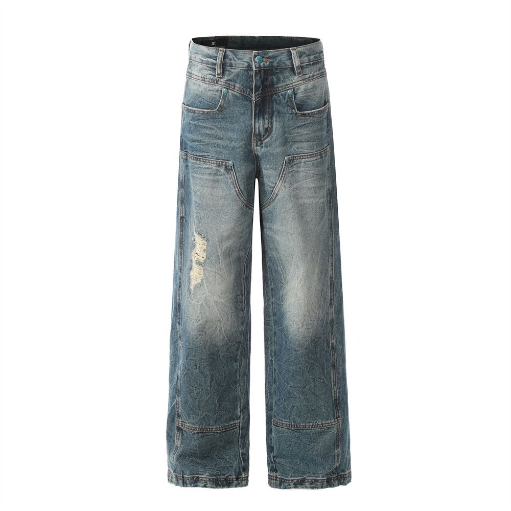 American Style Ripped Patchwork Jeans For Men, Washed Vintage Trendy Cargo Straight Loose Wide-Leg Pants_mkmklike.com