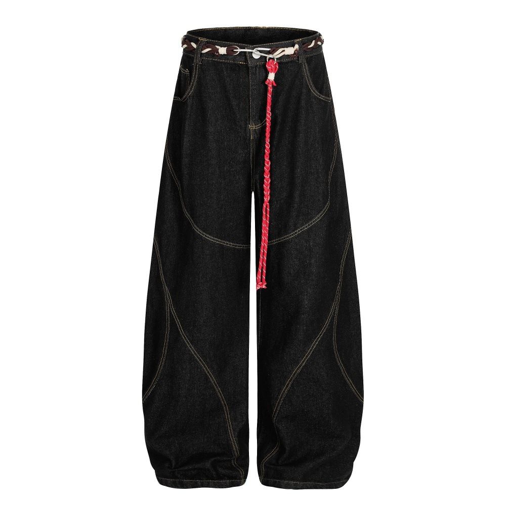 American High Street Silhouette Denim Trousers Personalized Waist Rope Design Sense Three-Dimensional Deconstruction_mkmklike.com