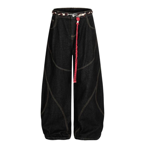 American High Street Silhouette Denim Trousers Personalized Waist Rope Design Sense Three-Dimensional Deconstruction_mkmklike.com