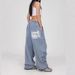 Trendy Distressed Letter Print Wide Leg Jeans For Women - Vintage Streetwear Denim Pants With Low Waist & Zip Details_mkmklike.com