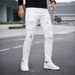 Men's White Distressed Beaded Slim Fit Jeans Patchwork Style Straight Leg_mkmklike.com