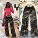 Women's High Waisted Wide Leg Pants Camouflage Print Retro American Style Casual Denim Straight Leg Workwear Autumn 2025_mkmklike.com