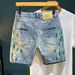 Men's Trendy Ripped Stretchy Slim Fit Jeans Mid Length Shorts Blue Style Basic Straight Leg Embroidered Patches_mkmklike.com