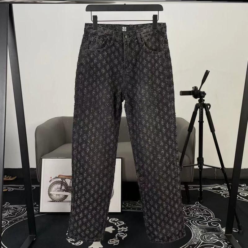 High Street Vintage Washed Denim Pants - Oversized Straight Leg Jeans With All-Over Print, Black/Blue (Sizes S-3XL, Unisex Streetwear Essential)_mkmklike.com