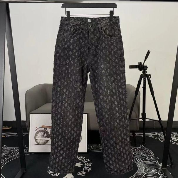 High Street Vintage Washed Denim Pants - Oversized Straight Leg Jeans With All-Over Print, Black/Blue (Sizes S-3XL, Unisex Streetwear Essential)_mkmklike.com