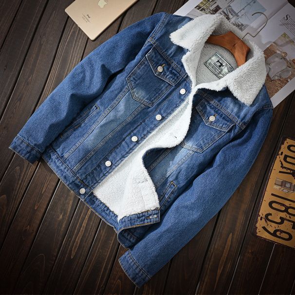 Trendy Men's Light Washed Denim Jacket With Fleece Lining, Slim Fit Winter Coat, Casual Streetwear For Youth_mkmklike.com