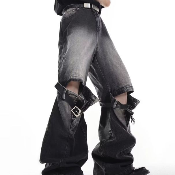 European And American Niche Retro Old High Waist Three-dimensional Splicing Design American High Street Trendy Brand Micro-pull Jeans Men_mkmklike.com