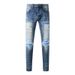 Men's Retro Distressed Washed Blue Jeans Street Style Leather Patchwork Hip Hop Tight Stretch Skinny Fit_mkmklike.com