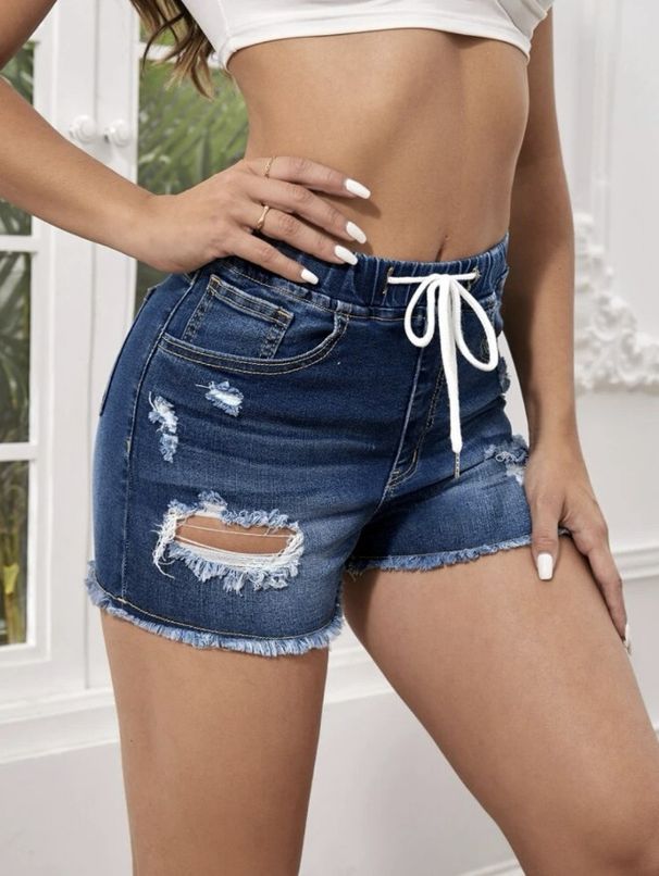 Women's Clothing Denim Shorts Elastic Waist Stretch Jeans Ripped Slim Fit Tassel Sexy Denim Hot Pants_mkmklike.com