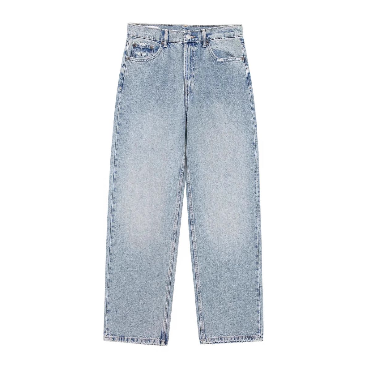 Women's Low-Rise Straight Leg Distressed Jeans - Light Blue Washed Denim Pants For Petite & Regular Sizes_mkmklike.com