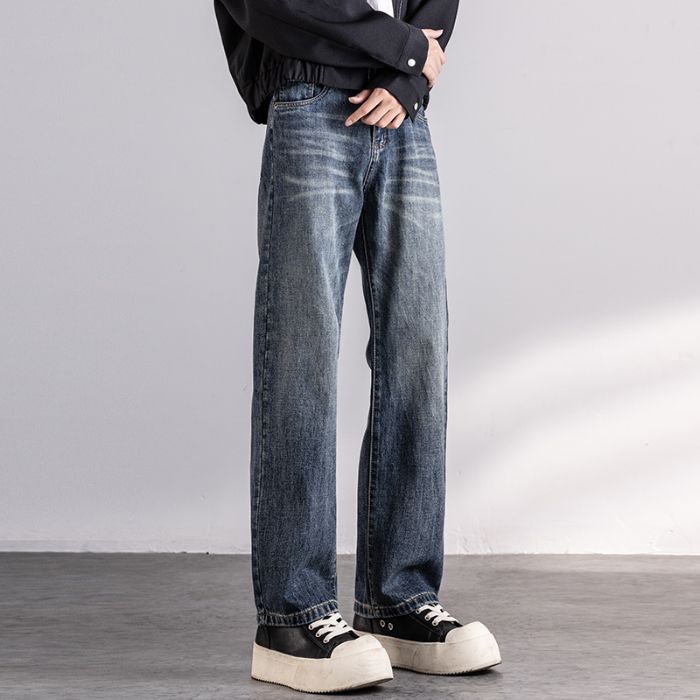 Autumn New Jeans Men's Fit Straight Tube Loose Trendy Brand American Retro Double Craft Washed Middle Waist Youth Large Size_mkmklike.com