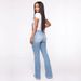 Women's Distressed High Waist Bootcut Jeans - Light Blue Stretch Denim Pants With Raw Hem Detail, Plus Size Available_mkmklike.com
