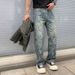 Men's Retro High Street Loose Fit Straight-Leg Jeans Jacquard Denim Pants_mkmklike.com