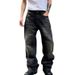 Men's Retro Washed Distressed Black Jeans High Street Style Loose Straight Leg Casual Pants Fashion_mkmklike.com