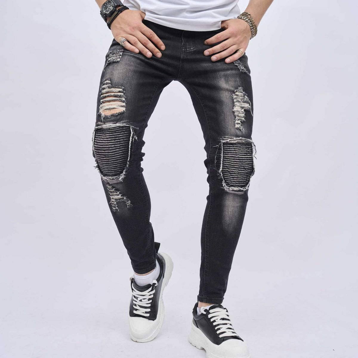 Men's Clothing New Men's Ripped Pants, Slim Fit, Elastic, Trendy Pants, Knee, Ripped Biker Jeans, Selfies_mkmklike.com