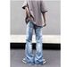 Nordmann American High Vibe Blue Distressed Frayed Hem Jeans For Men Summer Straight Slim Fit Slightly Flared Street Style Beggar_mkmklike.com