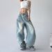Vintage Washed Light Blue Flared Jeans For Women - Retro American Hip Hop Street Style Wide Leg Trousers_mkmklike.com