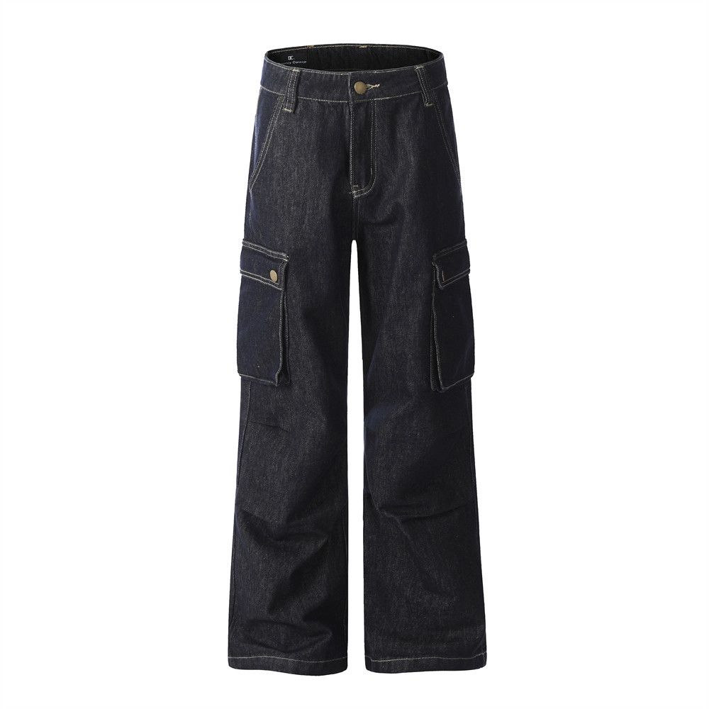 Multi-Pocket Cargo Jeans For Men Loose Casual Wide-Leg Pants Street Style Pleated Straight-Leg Trousers_mkmklike.com