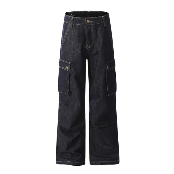 Multi-Pocket Cargo Jeans For Men Loose Casual Wide-Leg Pants Street Style Pleated Straight-Leg Trousers_mkmklike.com