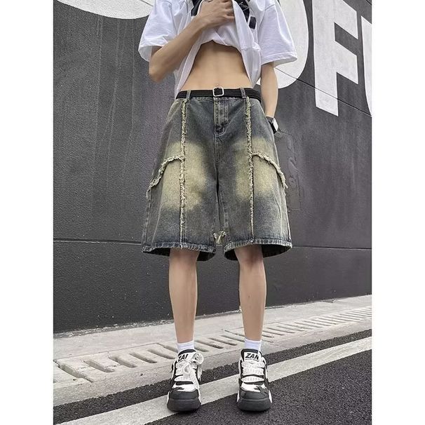 Men's Clothing Summer Retro Stitching Raw Edge Denim Shorts Men Ins Trendy High Street Casual Versatile Loose Straight Shorts_mkmklike.com