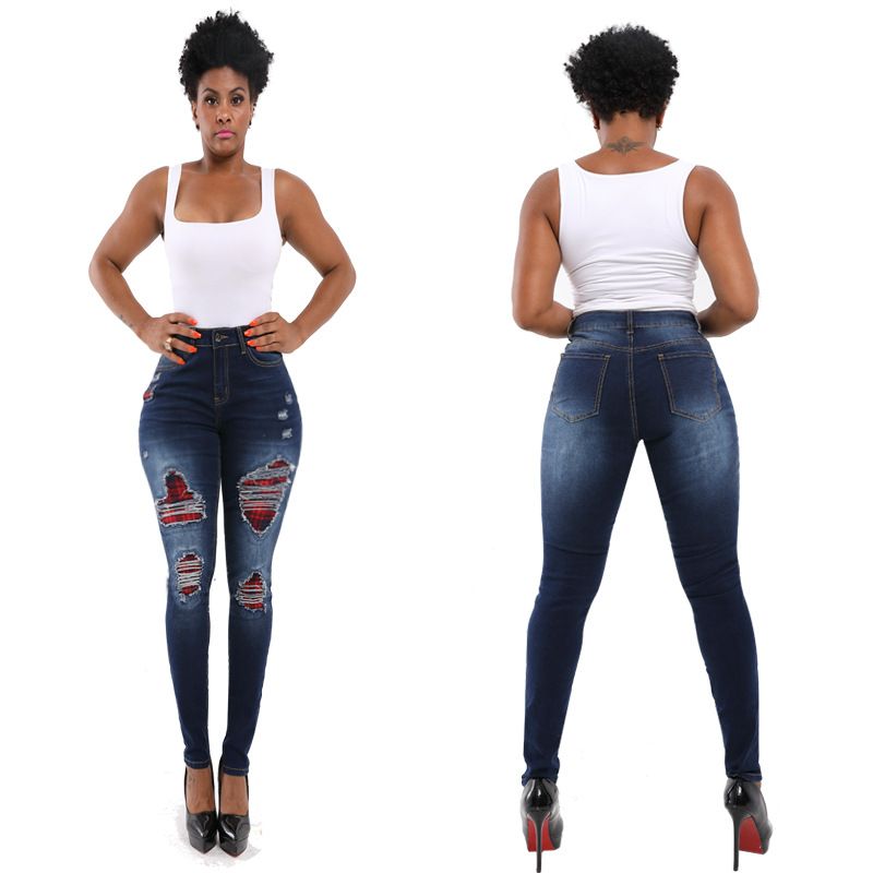 Women's Pants Trendy Street Perforated Jeans Large Tight and Hip Lift Jeans_mkmklike.com