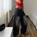 Women's High-Waisted Gradient Black And Gray Frayed Edge Wide Leg Jeans Vintage Distressed Floor-Length Denim_mkmklike.com